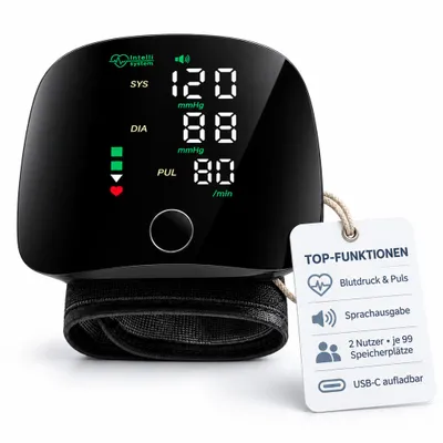Produktbild von Blutdruckmessgerät Handgelenk mit Sprachausgabe – vollautomatisch, Blutdruck & Puls, 2 Nutzer je 99 Speicherplätze, großes Display, USB-C Akku