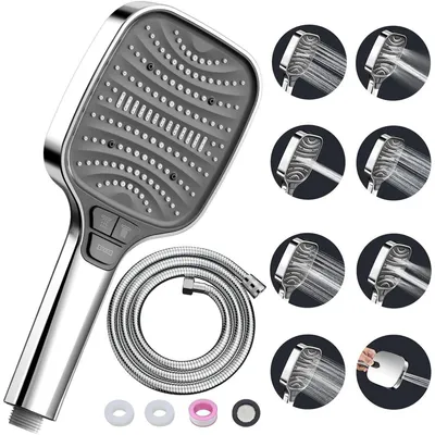 Produktbild von Duschkopf mit Schlauch 1.5m, 8 Strahlarten, Stoppfunktion, Regendusche, Wassersparend, Silber
