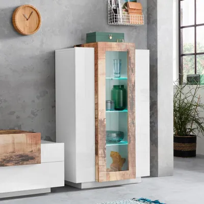 Produktbild von Moderne Design-Vitrine aus Hochglanz-Weiß und Holz für Wohnzimmer Corona
