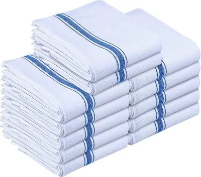 Productafbeelding van Unyqoos® Set van 12 theedoeken – 100% ringgesponnen katoen, 38 x 64 cm, wit met blauwe rand, absorberende keukendoeken