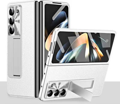 Produktbild von Hülle für Samsung Galaxy Z Fold 5 Litschi Hart PC Stander Schutzhülle mit Displayschutz / Linsenschutz Silber