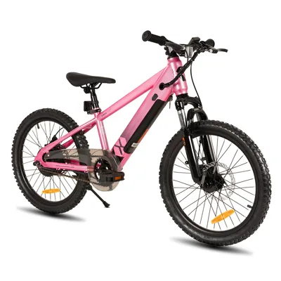 A pink electric mountain bike for children and teenagers is shown against a white background.