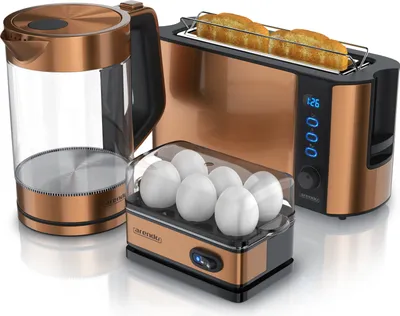Produktbild von Arendo Frühstücks-Set kupferfarben, Eierkocher für 6 Eier, 1,7l Wasserkocher, Edelstahl Langschlitz Toaster