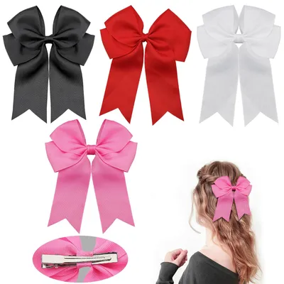 Produktbild von 4-teiliges Haarschleifen-Set, Haarspangen mit Schleife für Damen, große Haarspangen mit Teilungsclips, Metallhaarschleifen als Geschenk und für Partys – schwarz, rot, weiß, rosa