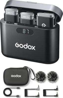 Zdjęcie produktu dla Godox WEC Kit2 One-Trigger-Two 2.4G Bezprzewodowy system mikrofonowy Mikrofony klapowe Inteligentne tłumienie szumów Transmisja 200M Wbudowany akumulator z etui ładującym do smartfona 3,5 mm Aparat DSLR Laptop