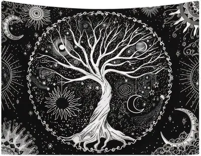 Obrázok produktu pre Unyqoos® nástenná tapiséria „Strom života“, 150 x 130 cm, čierno-biela, s motívom slnka a mesiaca – dekorácia do spálne a obývačky, všestranné využitie