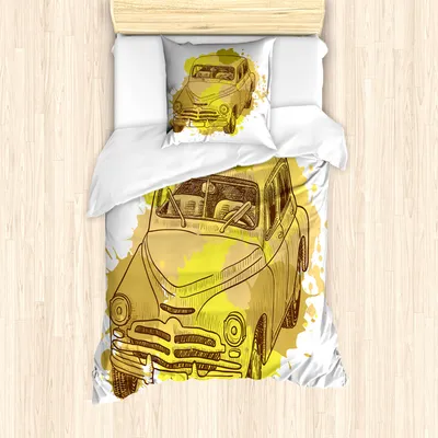 Produktbild von ABAKUHAUS Grunge Mantele, Retro Car Splash, Milbensicher Allergiker geeignet mit Kissenbezügen, 135 cm x 200 cm - 80 x 80 cm, grün Senf