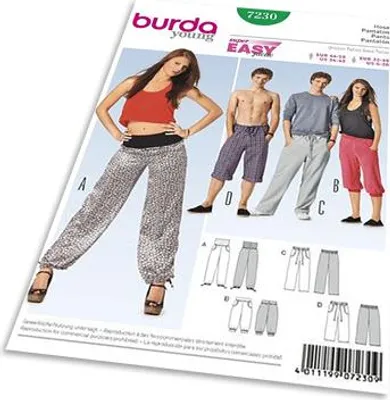 Obrázek produktu pro Střih Burda 7230 - Jednoduché dámské a pánské teplákové kalhoty, tepláky