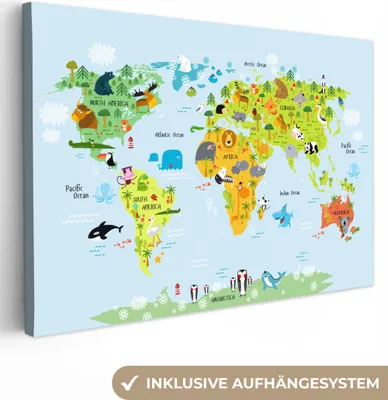 Produktbild von MuchoWow® - Leinwandbilder - Weltkarte - Kinder - Tiere - Natur - Jungen - Mädchen, Wandbild, Wanddeko Bilder Wohnzimmer, 30x20 cm