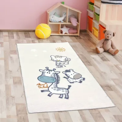 Image de Tapis de salle de jeux crème avec animaux de zoo super doux Taille - 80 x 150 cm