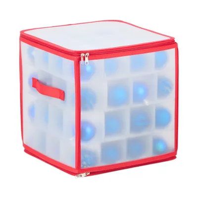 Zdjęcie produktu dla Pudełko do przechowywania bombek świątecznych Relaxdays, 64 przegródki, wys. x szer. x gł.: 31 x 30 x 30 cm, pudełko na bombki choinkowe, przezroczyste/czerwone