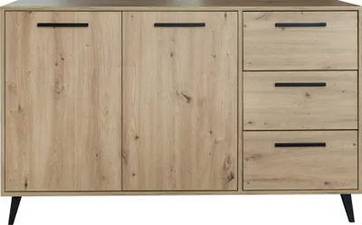 Produktbild von Kommode Rodos mit 3 Schubladen und 2 Türen, Sideboard in Farbe:SONOMA, Schrank in Größe: 138,5 x 86 x 41 cm