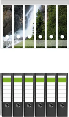 Produktbild von Wallario 6 Stück breite Ordner inkl. Klebeetiketten mit Motive Wasserfall -  Set mit Rückenschildern / Ordnerrücken Stickern