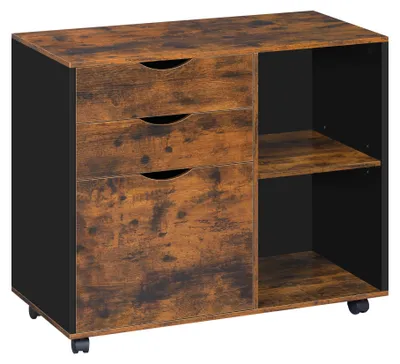 Image de Armoire de bureau mobile - Armoire de classement - 3 tiroirs - Étagère réglable pour classeurs suspendus - Montée sur roulettes - Bois - 80 × 39,5 × 69,5 cm - Marron rustique