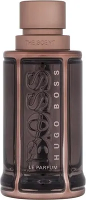 A studio shot of a Hugo Boss perfume bottle.