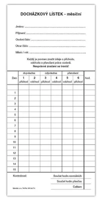 Zdjęcie produktu dla Tiskopis Docházkový list - píchačka v bloku Baloušek, 1/3 A4, 10 listů