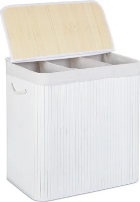 Immagine prodotto di Cesto portabiancheria Relaxdays, con 3 scomparti, con coperchio, cesto rettangolare, L x P x A: 62 x 62,5 x 42,5 cm, in bambù, bianco
