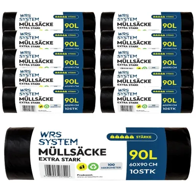 Produktbild von WRS System 10er Set Müllsäcke 90L 10x10 Stk. Strapazierfähige Müllbeutel Mülltüte Bausäcke Bauschuttsäcke