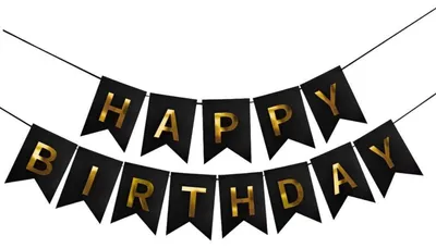 Productafbeelding van Happy Birthday slingervlaggen, zwart-gouden karton, 11,5 x 16 cm