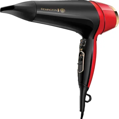 A professional studio shot of a black and red Remington hair dryer against a white background.