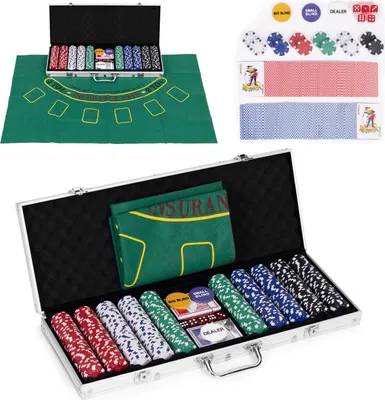 Produktbild von Poker- und Blackjack-Set - 500 Chips, 2 Kartendecks, Würfel, Spielmatte, verschließbarer Koffer