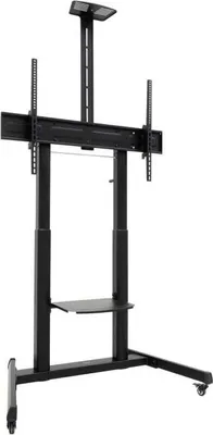 A black mobile TV stand with adjustable height and a shelf.