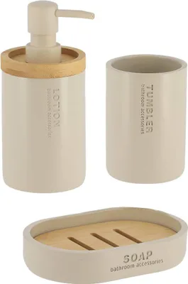 Produktbild von Becherset seifenspender und seifenschale aus polyresin - beige bambus - Tendance