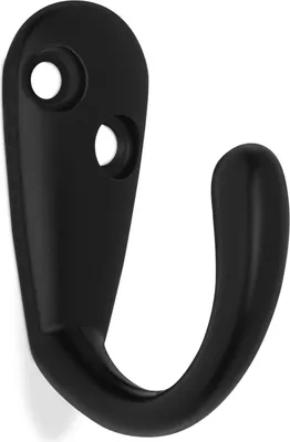 A single black coat hook is shown against a white background.