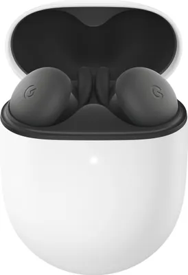 A pair of charcoal Google Pixel Buds A-Series are shown inside their white charging case.