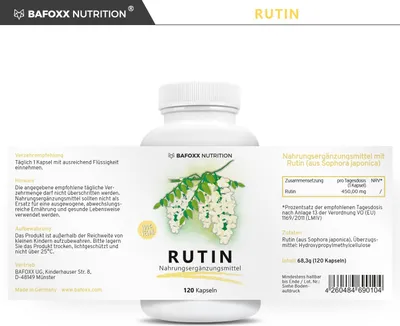 Produktbild von BAFOXX Nutrition® Rutin Kapseln hochdosiert - 120 Stück für 4 Monate - Naturprodukt mit 450 mg Rutosid (Vitamin P) - vegan und ohne Zusatz