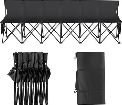 A black 6-seater folding bench, shown in its unfolded state, folded state, and in a carrying bag.