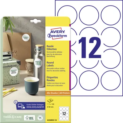 Produktbild von Avery Zweckform 6226REV-10 Runde Etiketten, ablösbar, A4, Ø 60 mm, weiß