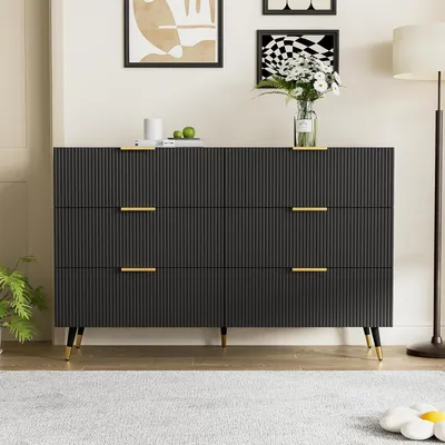 Produktbild von Sideboard mit 6 Schubladen, Hochglanz, Wellenförmige Oberfläche, 120x77x40cm, Schwarz