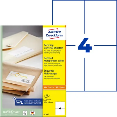 Produktbild von Avery Zweckform LR3483, Recycling Universal-Etiketten, A4, 105 x 148 mm, 400 Etiketten / 100 Bögen, naturweiß