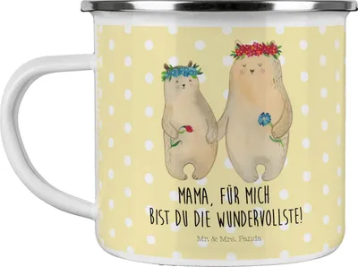 Produktbild von Mr. & Mrs. Panda Motivtasse Bären mit Blumenkranz - Gelb Pastell - Geschenk, Familie, Pott, Mom, Emaille Tasse, Kaffeepott, Muttertag, Teetasse, Family, Kinder, Haferl