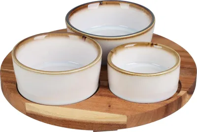 Produktbild von eh-excellent-houseware Servierset 4-teilig, Akazienholz, Keramik, Steingut, Porzellan, für Snacks, Dips & Beilagen, spülmaschinenfeste Schalen, Weiß, Brauntöne, Maße: Tablett 20x20x5 cm; Schalen 7x3 cm, 8,5x4 cm, 10x4 cm; Volumen: 60ml, 140ml, 150ml