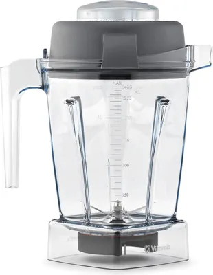 A close-up studio shot of a blender jar with its lid.