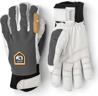 Fingerhandschuhe "Ergo Grip Active - 5 finger" von Hestra; grau und weiß; mit verstärkten Nähten und Logo.