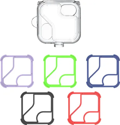 A collection of headphone cases in various colors, with a clear case at the top.