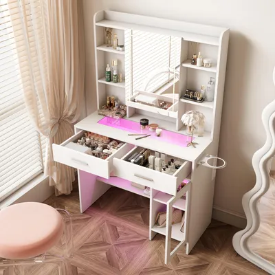 Image de UnboxG Coiffeuse avec miroir 89,8×40×145 cm - éclairage LED, prise électrique, support pour sèche-cheveux, tiroir et espace de rangement