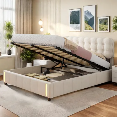 Obrázok produktu pre Čalúnená posteľ Fortuna Lai 160x200 cm s úložným priestorom, lamelový rošt a detektor pohybu, zamat, masívne drevo, béžová