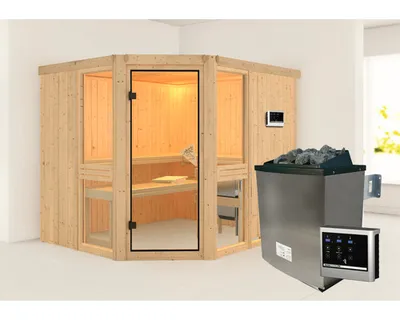 Produktbild von Elementsauna Karibu Omelia 3 inkl. 9 kW Ofen u.ext.Steuerung ohne Dachkranz mit bronzierter Ganzglastüre