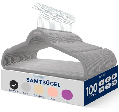 Produktbild von SereneLife Graue Kleiderbügel Samt 100 Stück, Kleiderhaken für Aufbewahrung & Or
