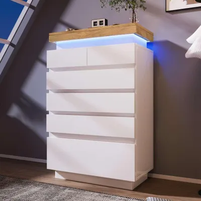 Zdjęcie produktu dla Komoda na wysoki połysk z oświetleniem LED i sterowaniem aplikacją, kredens z 2 drzwiami i 3 szufladami do salonu/sypialni, biały, 115x73x39 cm