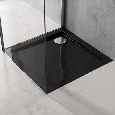 Produktbild von doporro Duschtasse Duschwanne 70x70x4 flach aus Acryl in Schwarz Quadratisch DIN-Anschlüsse für bodenebene Montage geeignet Faro1