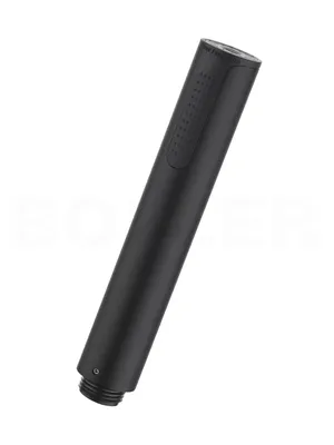 A black shower head is shown against a white background.