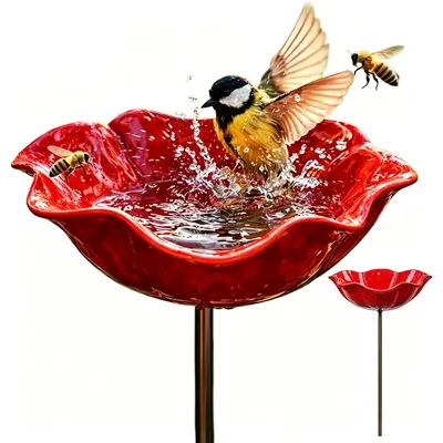 Produktbild von Vogeltränke Garten Metall, Bienen Tränke mit Erdspieß, rostfrei & frostbeständig, dekorative Gartenskulptur für Vögel, Bienen & Schmetterlinge