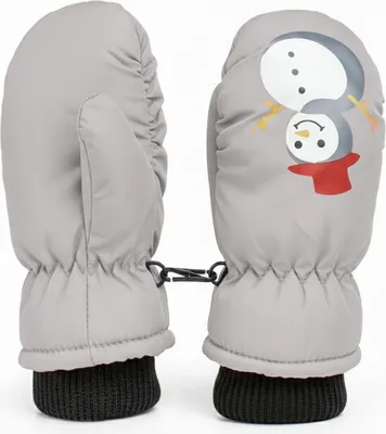 A pair of children's mittens with a snowman design.