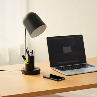 Produktbild von abc HOME Schreibtischlampe Industrial Schwarz – Metall Tischleuchte mit USB & Stifthalter – E14