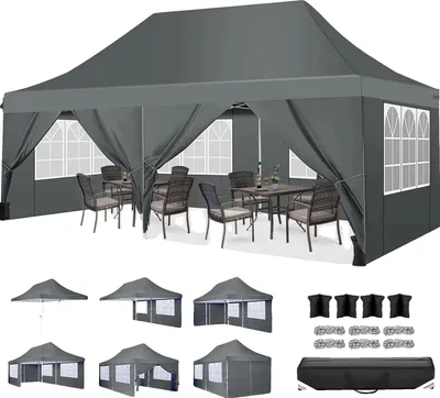 Image de Pavillon pop-up, imperméable, parois amovibles, gris, 3 x 6 m